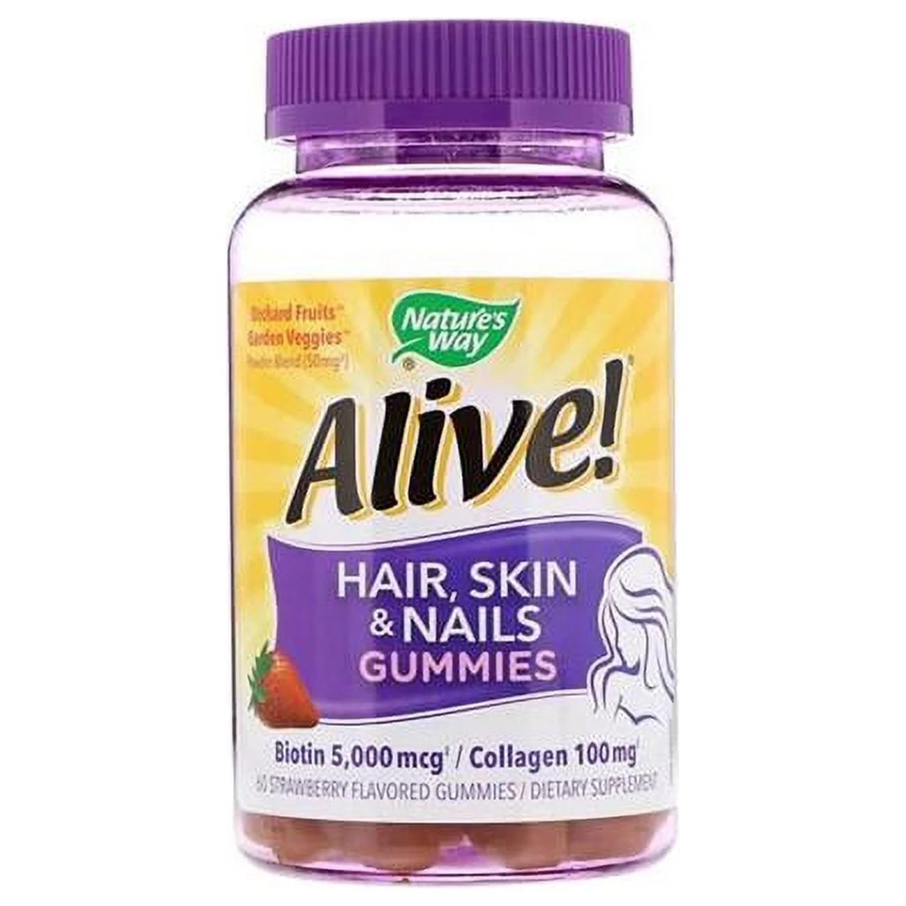 Alive! Hair, Skin & Nails Gummies - Strawberry Flavor 60 Gummies