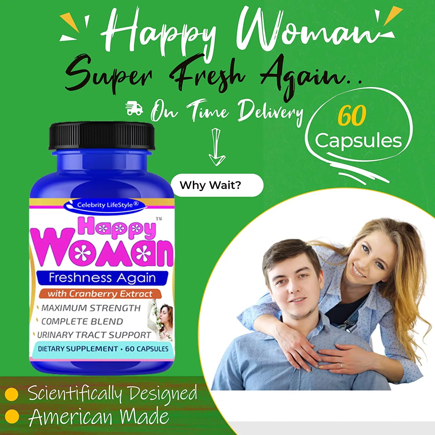 Happy Woman Probiotics for Women, Feminine Odor Support* Female Probiotics 60 Capsules