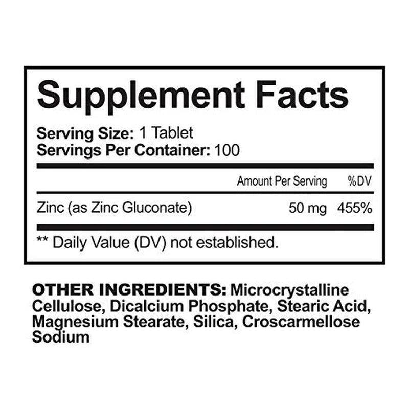 Zinc Supplement Natural Immune Booster Energy and Focus Support, 100 Tablets