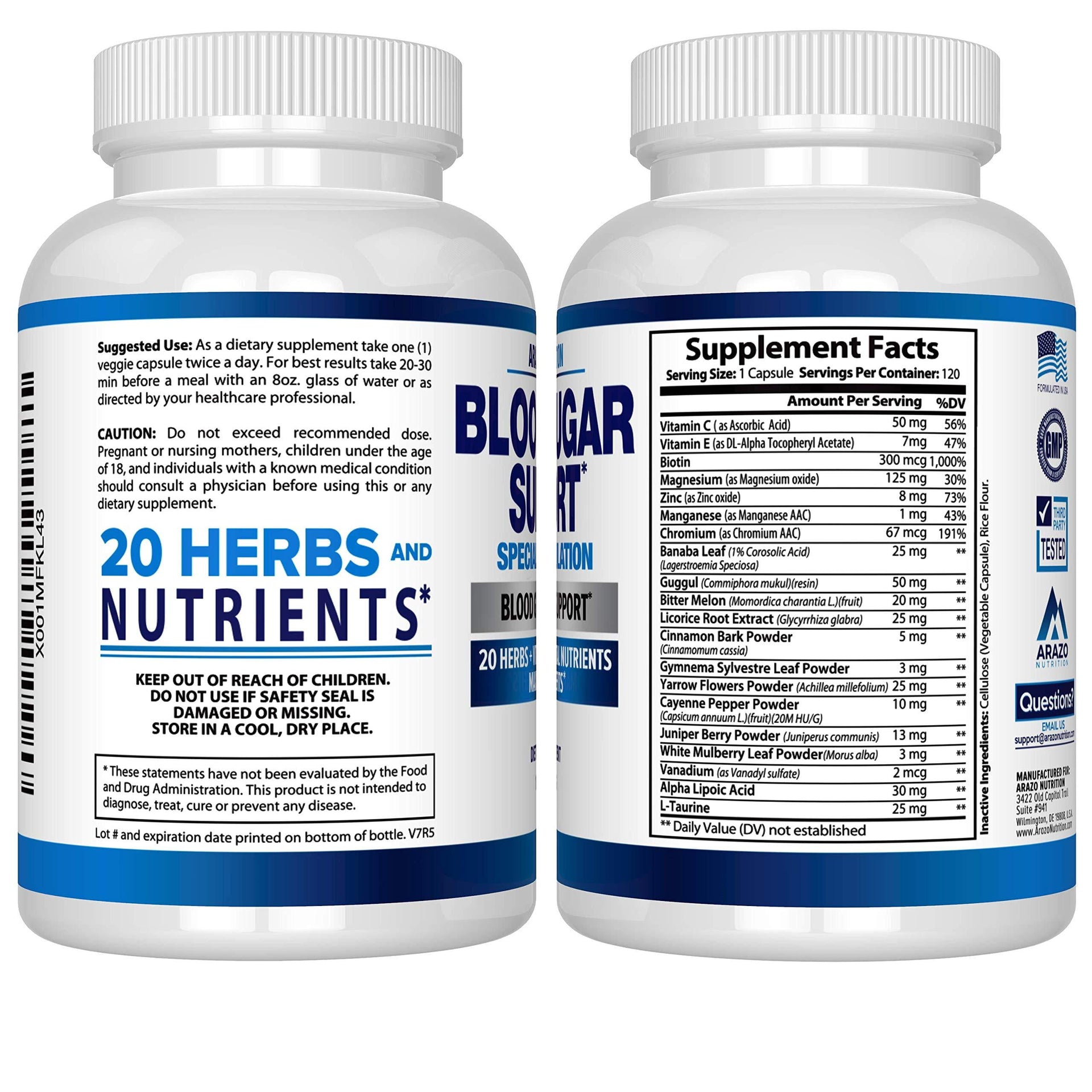 Blood Sugar Support Supplement - 20 Herbs & Multivitamin for Blood Sugar Control with Alpha Lipoic Acid & Cinnamon - 120 Pills 