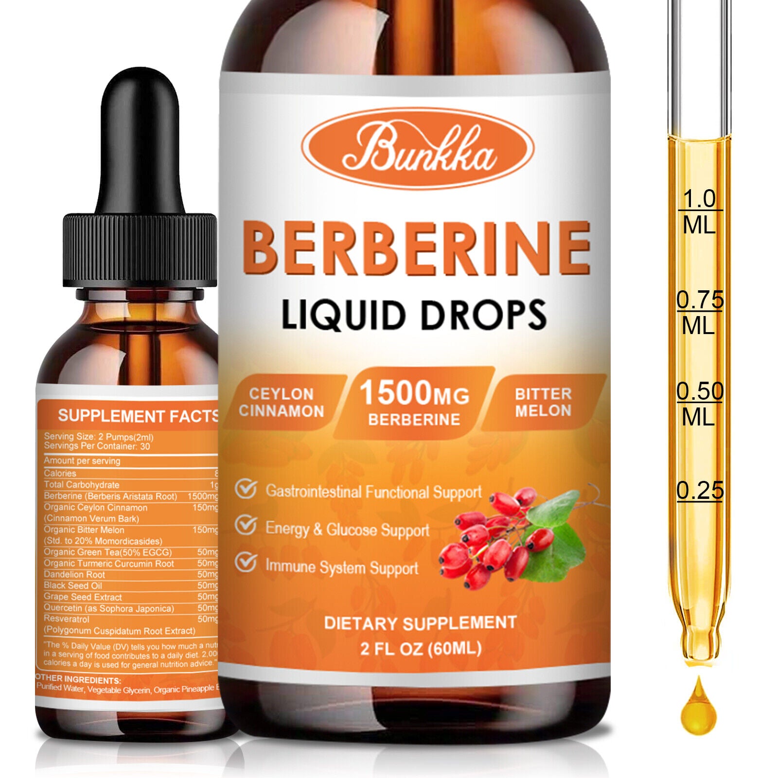 60ML Berberine Supplement, 1500Mg Organic Liquid Drops Dietary Supplement