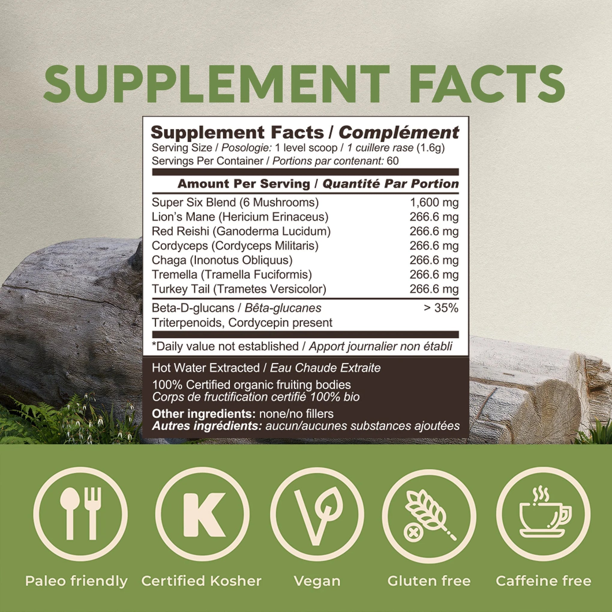 Organic Super 6 Blend Mushroom Supplement Powder Complex (3.5 Oz/100 Grams)