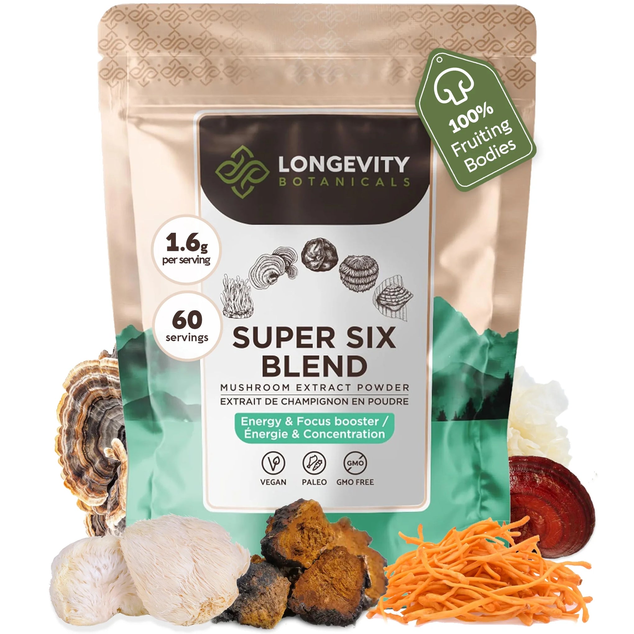 Organic Super 6 Blend Mushroom Supplement Powder Complex (3.5 Oz/100 Grams)