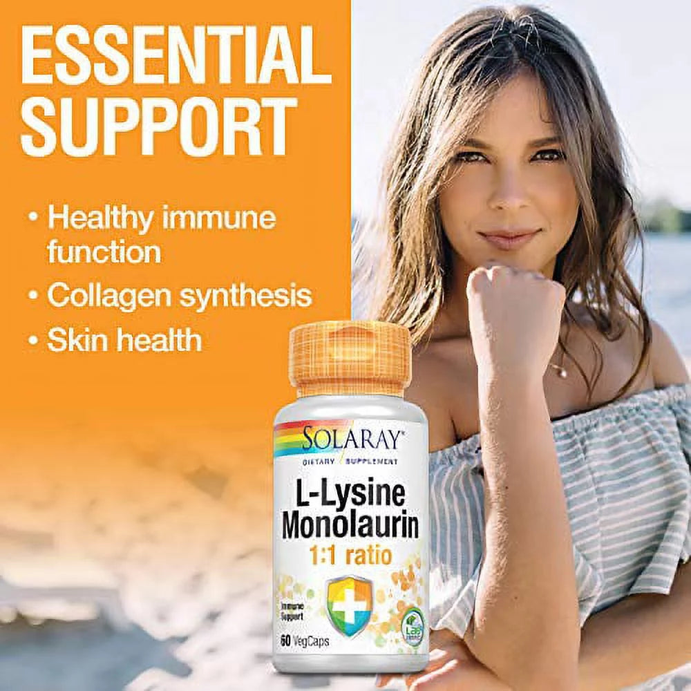 L-Lysine Monolaurin Immune Supplement | 1:1 Ratio for Immune System Function & Skin Health Support, 60 Vegcaps, 30 Serv.