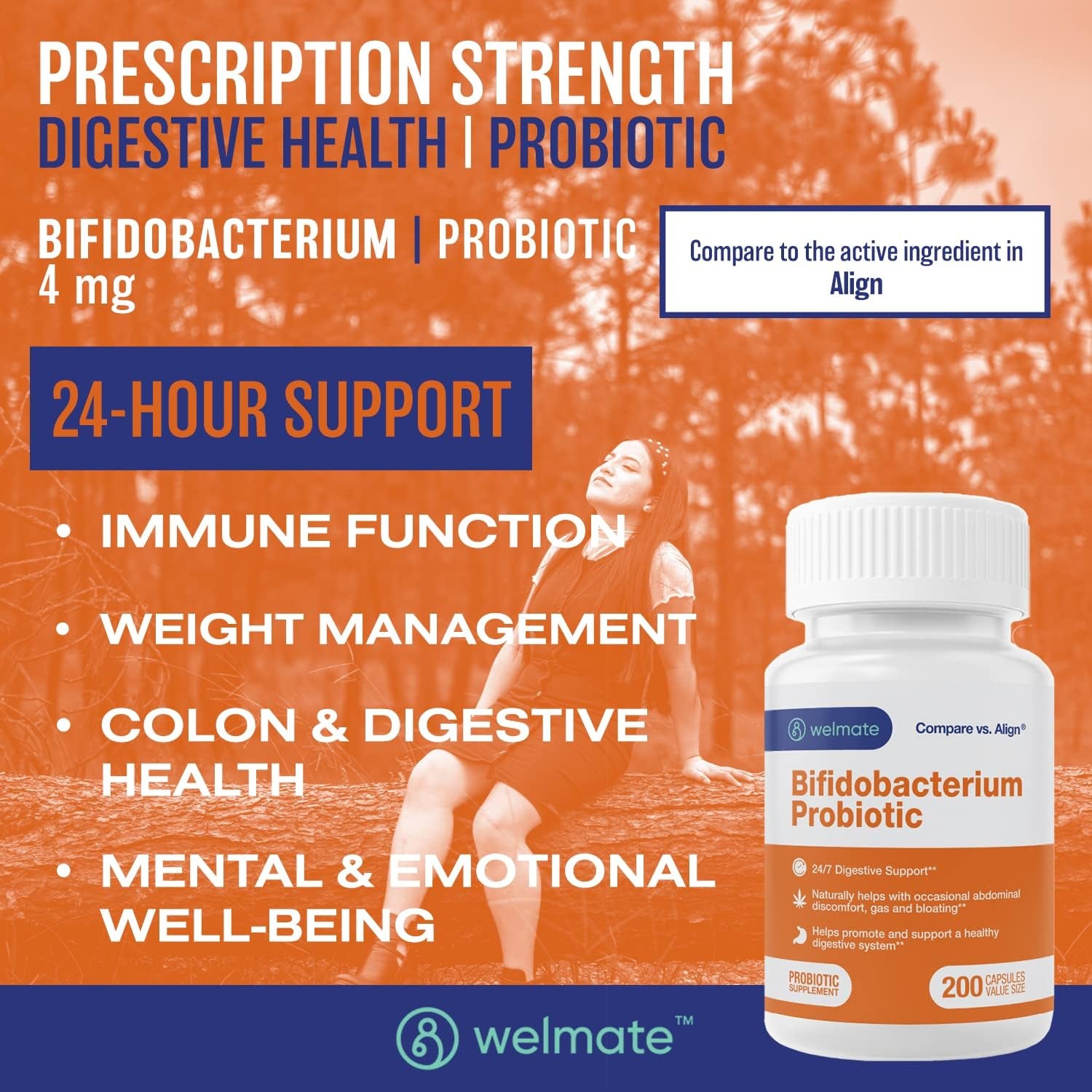 Welmate Bifidobacterium Probiotic Supplement - 24/7 Digestive Support - 200 Count Capsules