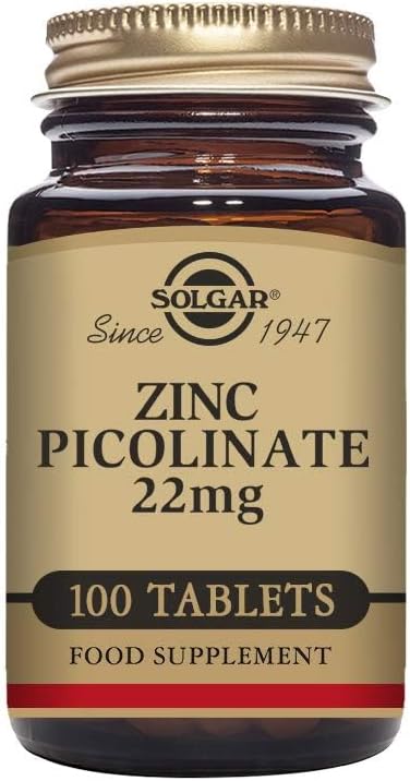 Solgar Zinc Picolinate 22 Mg Tablets - Healthy skin, hair and nails - Highly absorbable premium form, Easy to Swallow - Vegan, Pack of 1, 100 Tablets