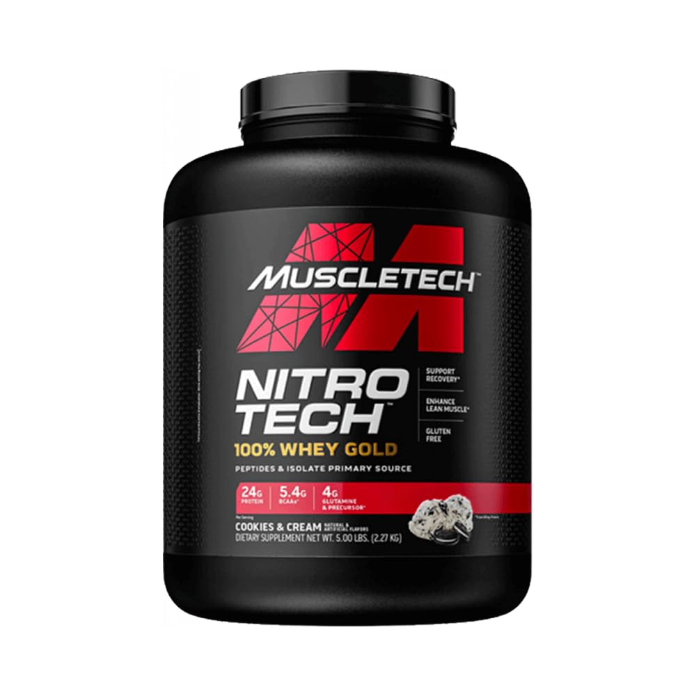 MuscleTech NitroTech 100% Whey Gold Protein Powder, Build Muscle Mass, Whey Isolate Protein Powder & Peptides, Protein Shake For Men & Women, 5.7g BCAA, 71 Servings, 2.27kg, Strawberry Shortcake