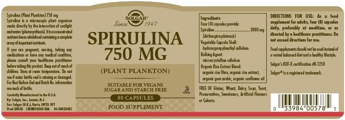 Solgar 750 mg Spirulina Tablets - Pack of 80 - Natural Dietary Supplement - High Concentration of Nutrients - Vegan, Gluten Free and Kosher