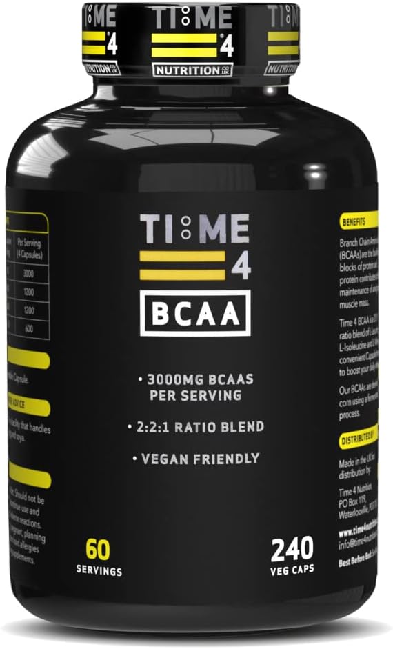 Time 4 BCAA - 240 Capsules High Strength Branched Chain Amino Acids Made by Fermentation Process - Muscle Growth, Tissue Repairing & Energy Production Vegan BCAA Capsules Not BCAA Amino Acids Tablets