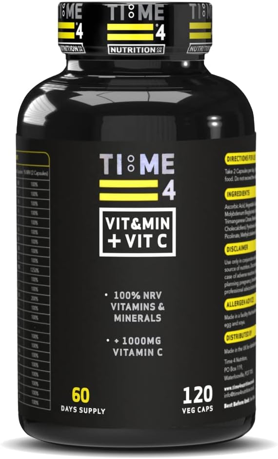 Time 4 MultiVitamin & Mineral + Vitamin C – 100% NRV Vitamins & Minerals + 1000mg Vitamin C, Multivitamin Capsules Not Multivitamin Tablets 120 Capsules, 2 Month Supply, Vitamins & Mineral Supplement