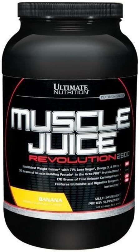 Ultimate Nutrition Muscle Juice Revolution 2600 Weight Gainer, Intestinal Health, Muscle Recovery with Glutamine, Micellar Casein and Time Release Complex Carbohydrates, Banana Protein Powder, 4.69 Pounds