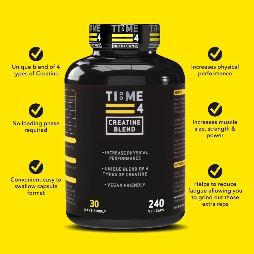 Time 4 Creatine Blend - 240 Creatine Capsules Not Creatine Tablets, 30 Day Supply, Unique Blend of 4 Types of Creatine, 6000mg Per Daily Serving Improve Muscle Strength Vegan Friendly & Gluten Free