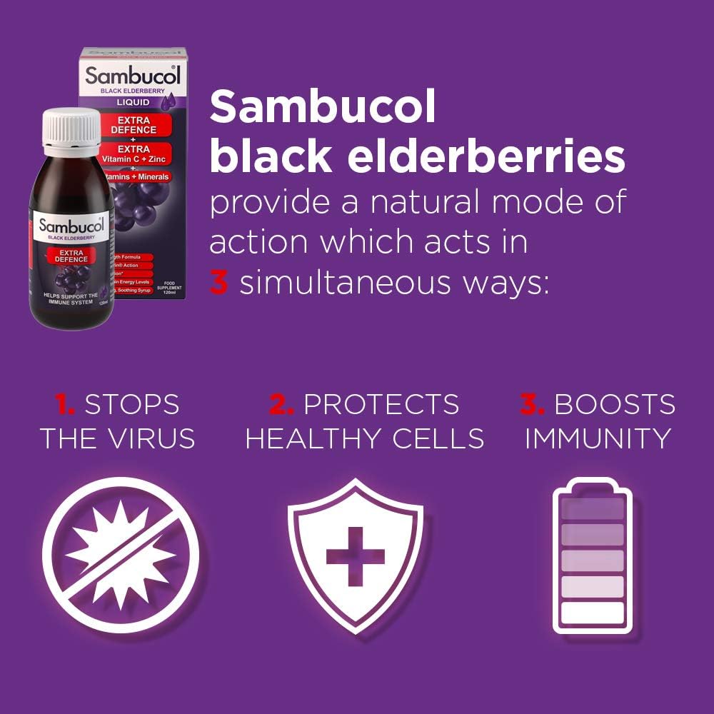 Sambucol Natural Black Elderberry Extra Defence, Vitamin C, B6 & D, Zinc, Folic Acid & Minerals, Immune Support Supplement, Multicoloured, 120 ml