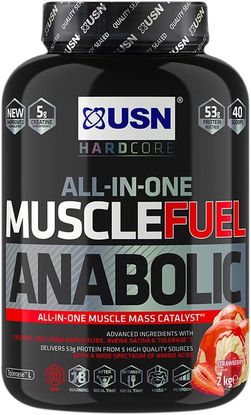 USN Muscle Fuel Anabolic Strawberry All-in-one Protein Powder Shake (2kg): Workout-Boosting, Anabolic Protein Powder for Muscle Gain