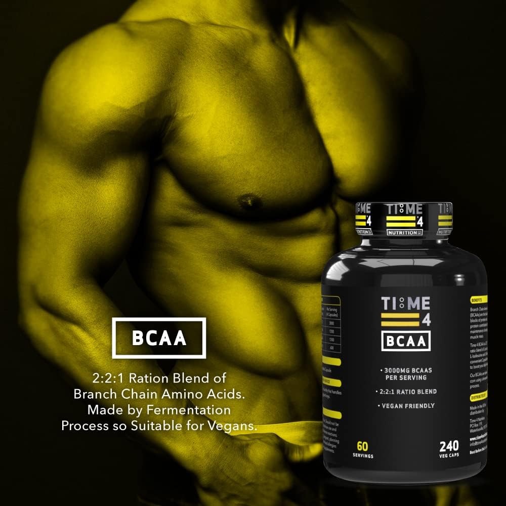 Time 4 BCAA - 240 Capsules High Strength Branched Chain Amino Acids Made by Fermentation Process - Muscle Growth, Tissue Repairing & Energy Production Vegan BCAA Capsules Not BCAA Amino Acids Tablets