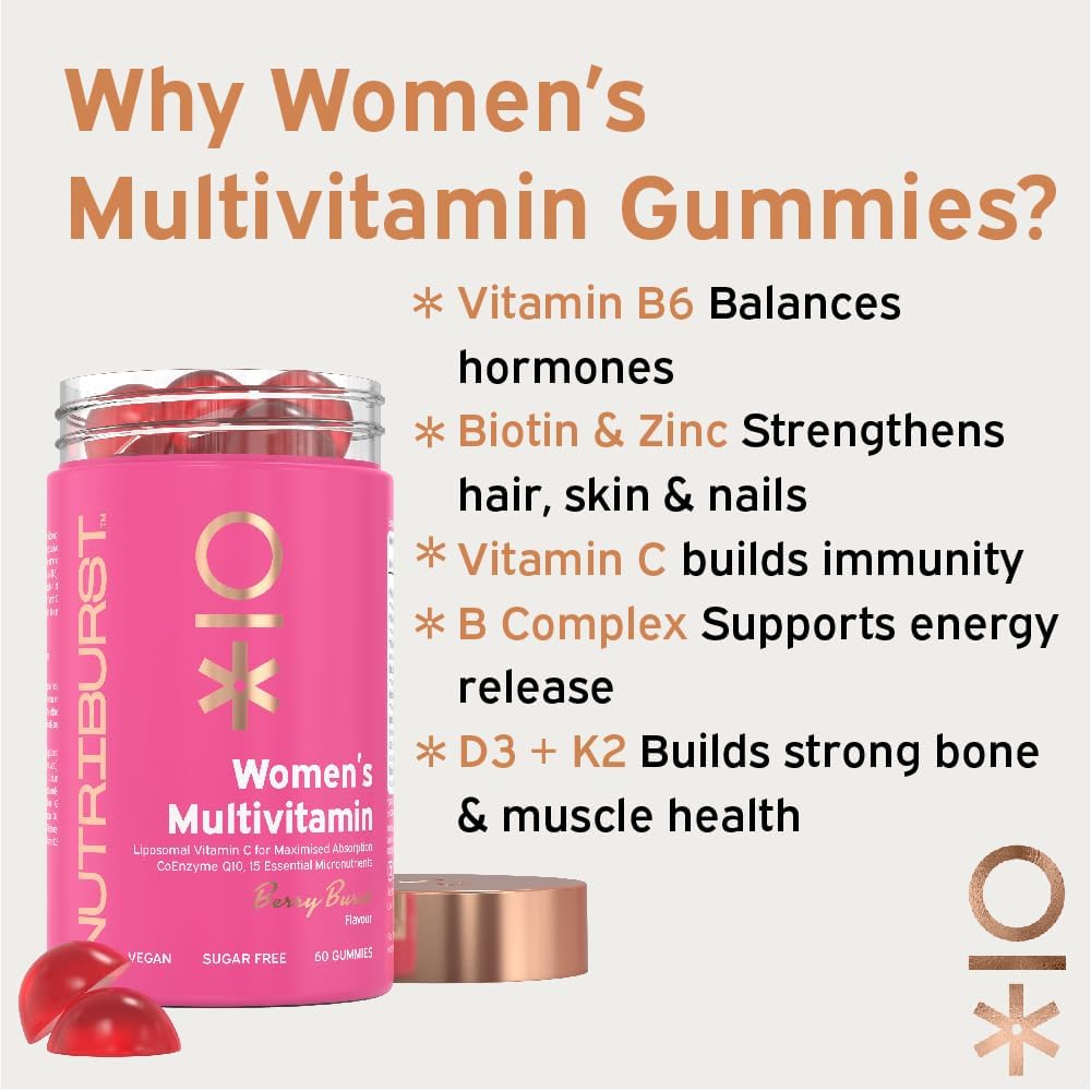 Nutriburst Women’s Multivitamin - Hormone Regulation & Support Collagen Formation - Contains 15 Micronutrients; B5, B6, B12, C, D - Vegan, Sugar Free Supplement - 60 Berry Gummies - 1 Month Supply