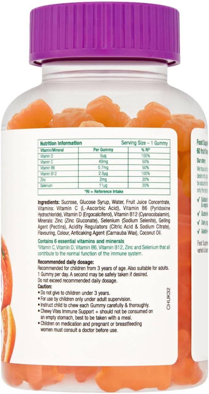 Chewy Vites Kids | Immune Support 60 Gummy Vitamins | High Strength Vitamin D | Vitamin C B6 B12 Zinc Selenium | 1-a-Day | 2 Months Supply | Real Fruit Juice | Vegan | 3 Year+