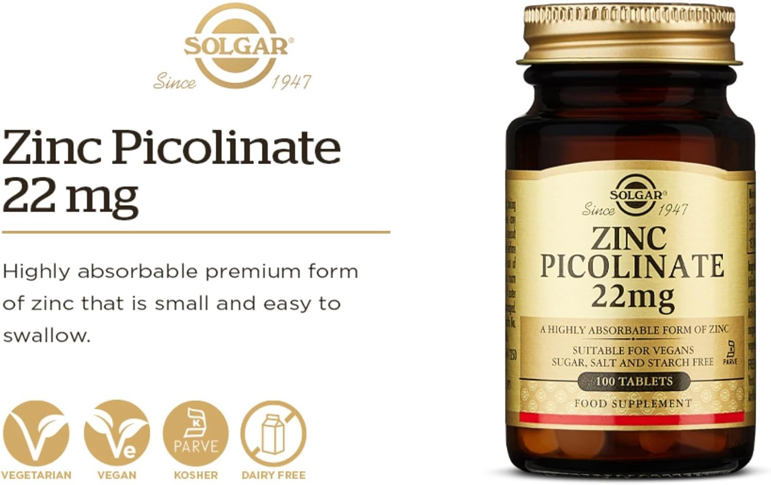 Solgar Zinc Picolinate 22 Mg Tablets - Healthy skin, hair and nails - Highly absorbable premium form, Easy to Swallow - Vegan, Pack of 1, 100 Tablets