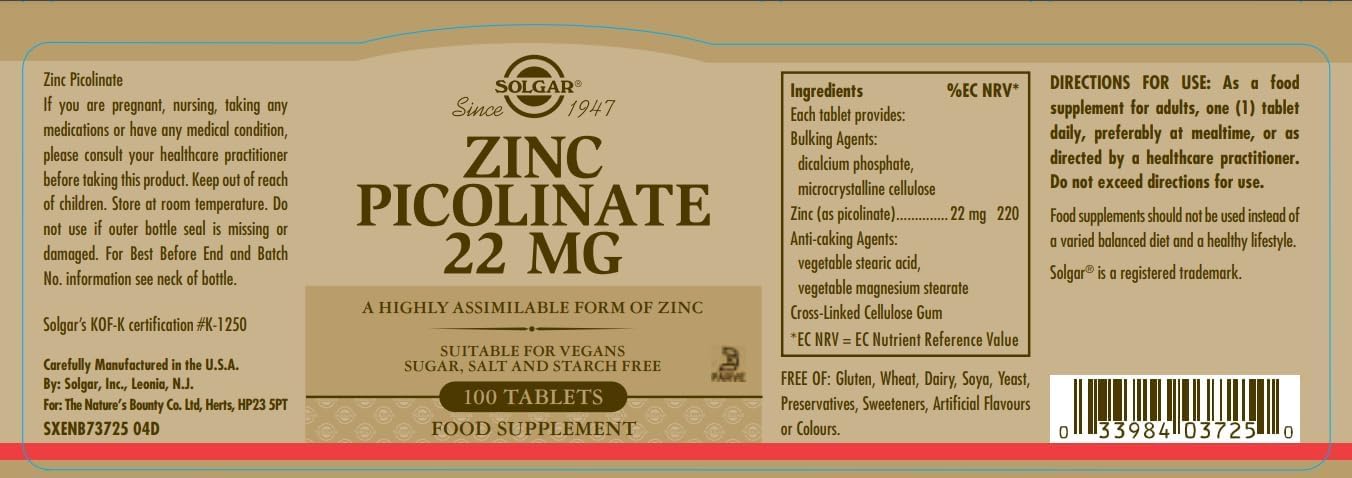 Solgar Zinc Picolinate 22 Mg Tablets - Healthy skin, hair and nails - Highly absorbable premium form, Easy to Swallow - Vegan, Pack of 1, 100 Tablets