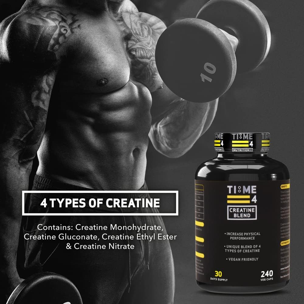 Time 4 Creatine Blend - 240 Creatine Capsules Not Creatine Tablets, 30 Day Supply, Unique Blend of 4 Types of Creatine, 6000mg Per Daily Serving Improve Muscle Strength Vegan Friendly & Gluten Free