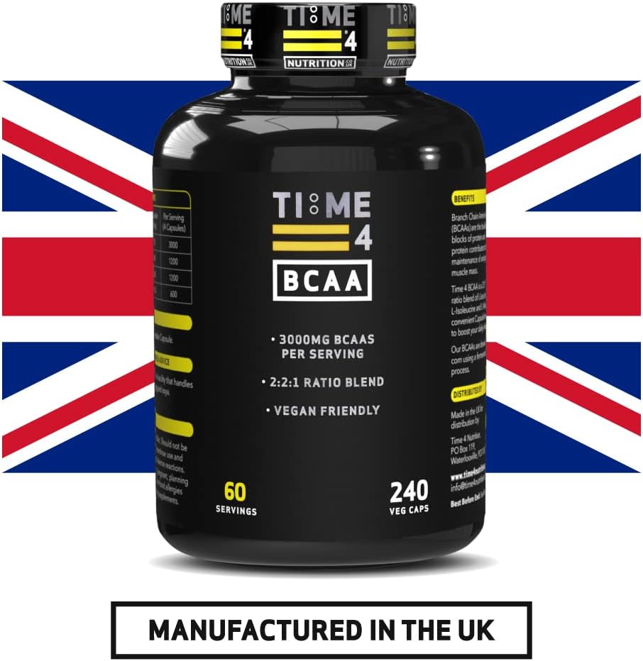 Time 4 BCAA - 240 Capsules High Strength Branched Chain Amino Acids Made by Fermentation Process - Muscle Growth, Tissue Repairing & Energy Production Vegan BCAA Capsules Not BCAA Amino Acids Tablets