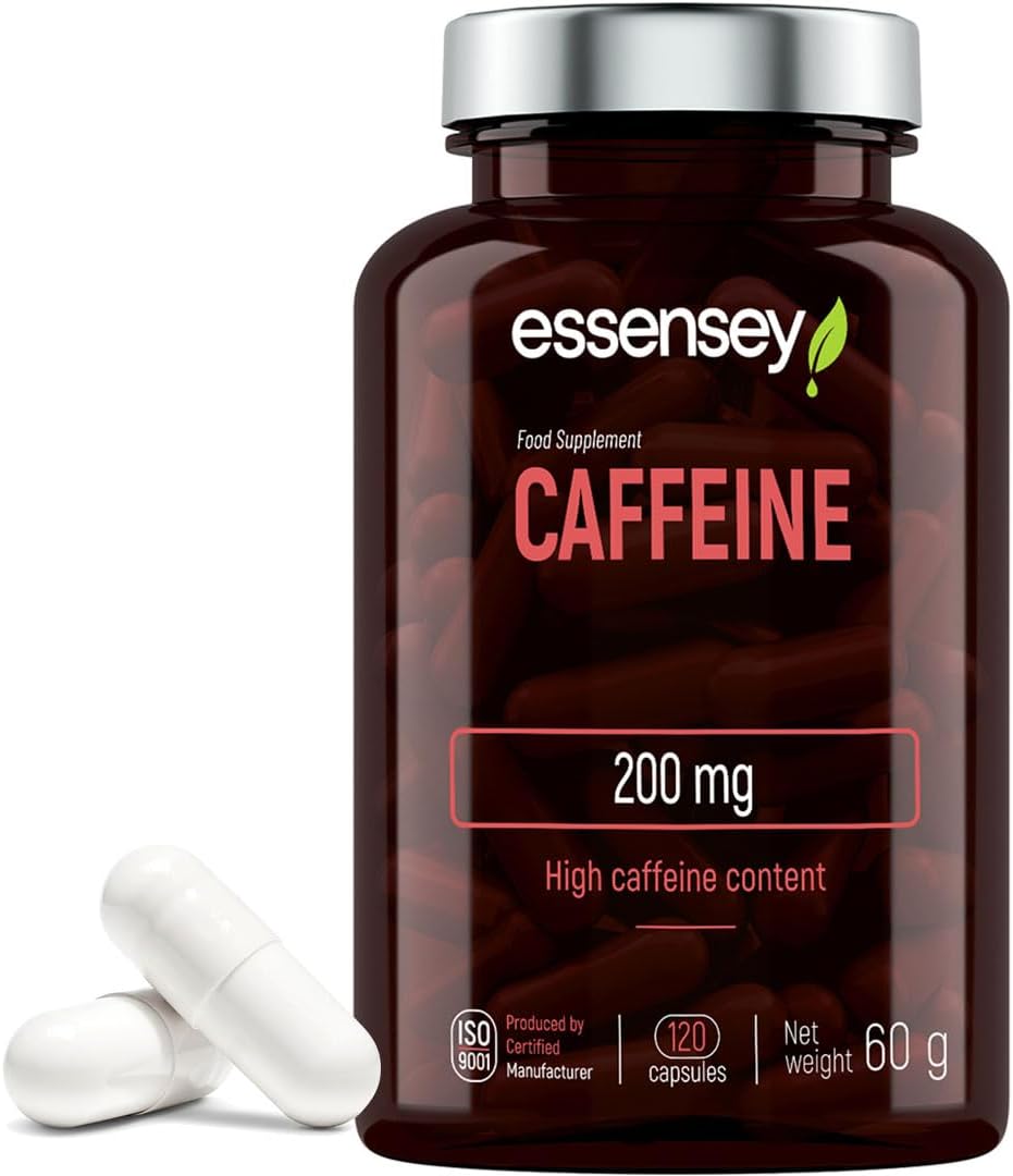 Essensey Caffeine 200mg Capsules - High Dose of Caffeine - Added Grapefruit Extract 50mg - Energise Your Day with a Natural Boost of Physical and Mental Performance - Dietary Supplement - 120 capsules