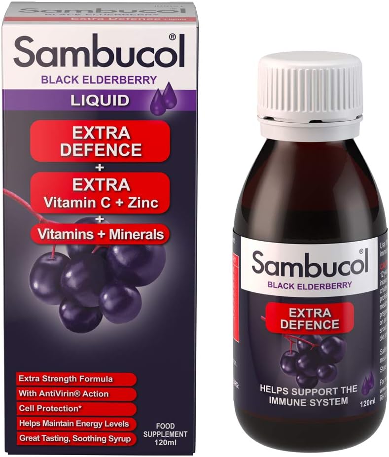 Sambucol Natural Black Elderberry Extra Defence, Vitamin C, B6 & D, Zinc, Folic Acid & Minerals, Immune Support Supplement, Multicoloured, 120 ml