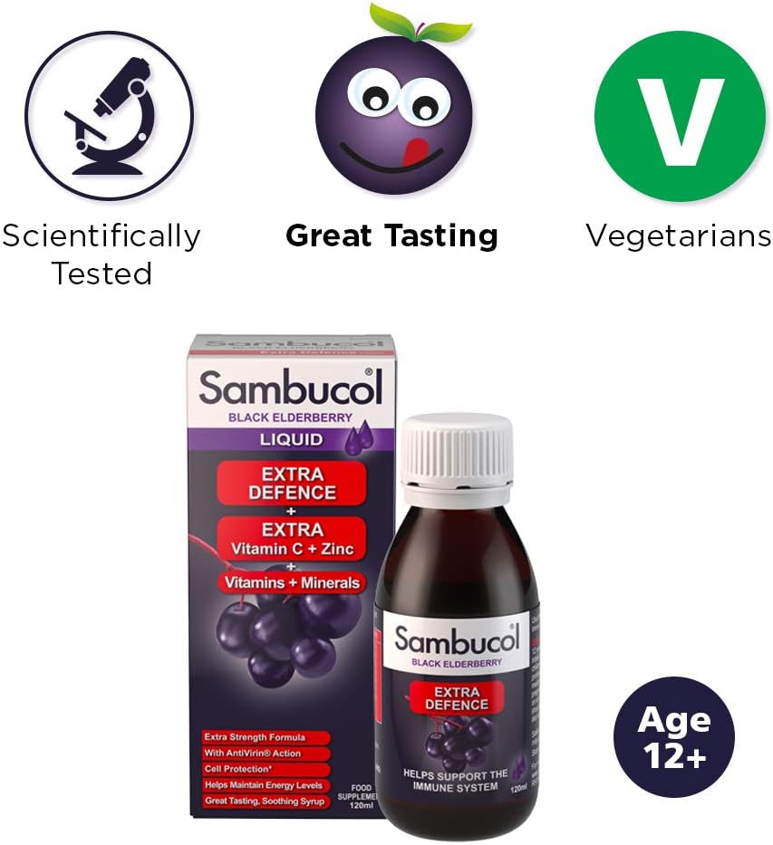 Sambucol Natural Black Elderberry Extra Defence, Vitamin C, B6 & D, Zinc, Folic Acid & Minerals, Immune Support Supplement, Multicoloured, 120 ml