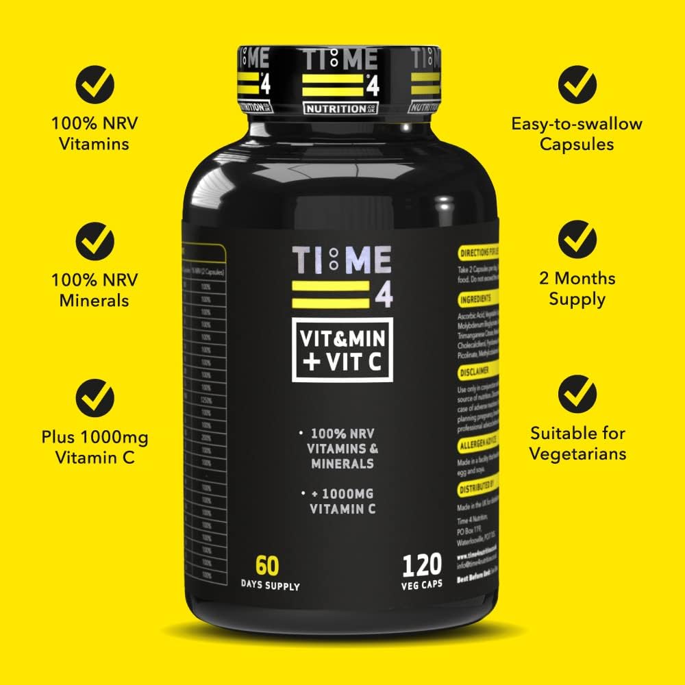 Time 4 MultiVitamin & Mineral + Vitamin C – 100% NRV Vitamins & Minerals + 1000mg Vitamin C, Multivitamin Capsules Not Multivitamin Tablets 120 Capsules, 2 Month Supply, Vitamins & Mineral Supplement