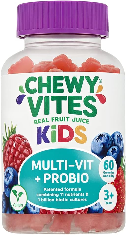 Chewy Vites Kids | Multi-Vit & Probio 60 Gummy Vitamins | 11 Essential Nutrients| 1 Billion Cultures |2 Months Supply | Real Fruit Juice | Vegan | 3 Year+