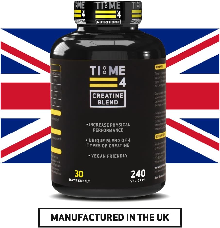 Time 4 Creatine Blend - 240 Creatine Capsules Not Creatine Tablets, 30 Day Supply, Unique Blend of 4 Types of Creatine, 6000mg Per Daily Serving Improve Muscle Strength Vegan Friendly & Gluten Free