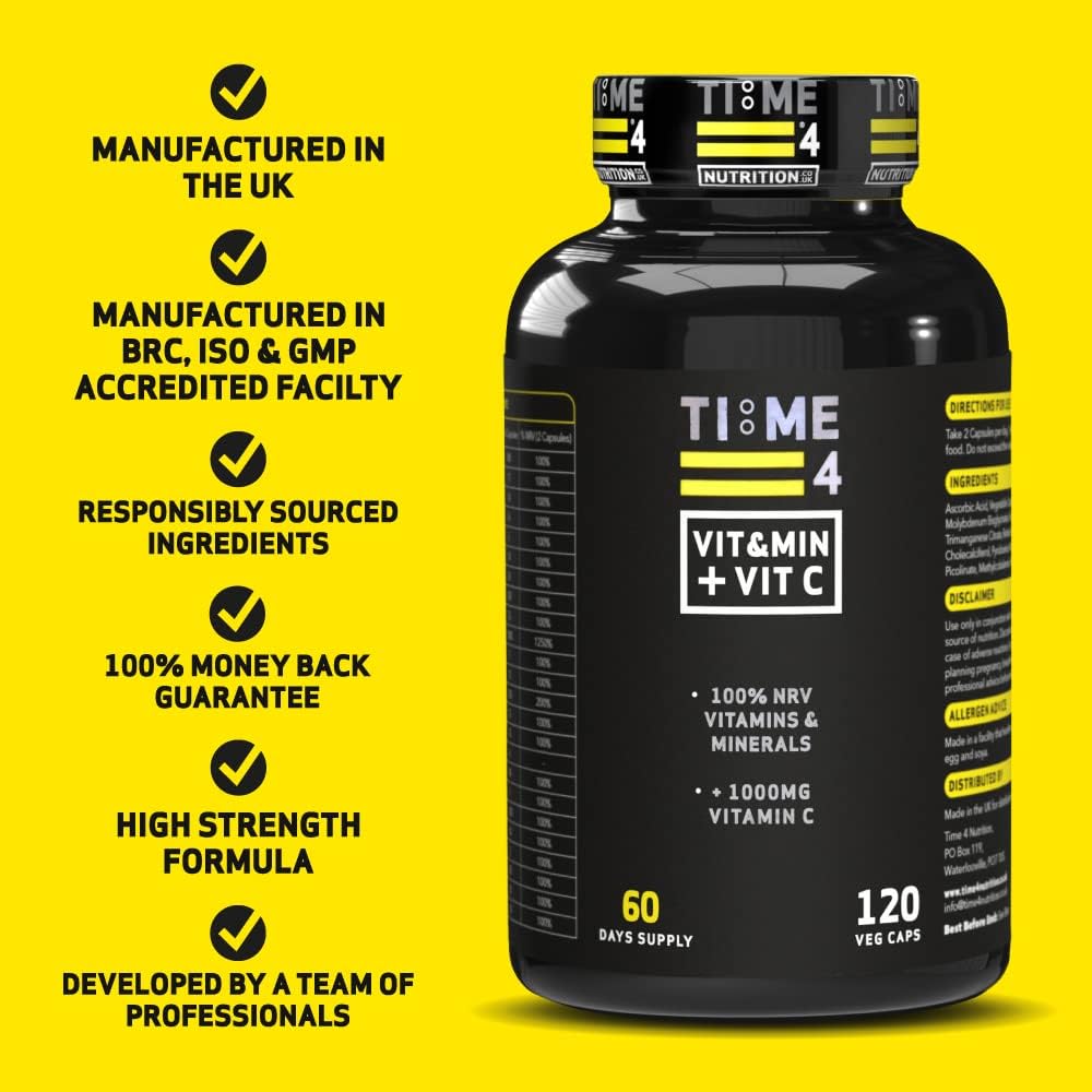 Time 4 MultiVitamin & Mineral + Vitamin C – 100% NRV Vitamins & Minerals + 1000mg Vitamin C, Multivitamin Capsules Not Multivitamin Tablets 120 Capsules, 2 Month Supply, Vitamins & Mineral Supplement