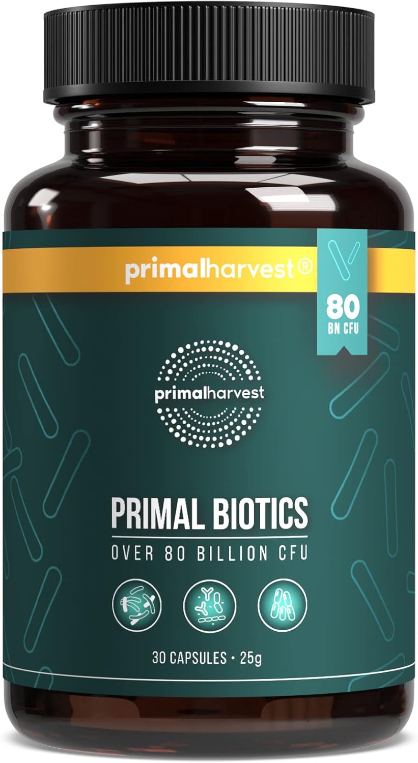 Primal Harvest Probiotics - 30 Capsules for Building Natural intestinal Flora, 15 Dynamic Bacterial strains for intestinal Health; with prebiotics, probiotics and Live Cultures