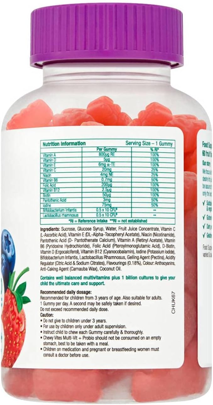 Chewy Vites Kids | Multi-Vit & Probio 60 Gummy Vitamins | 11 Essential Nutrients| 1 Billion Cultures |2 Months Supply | Real Fruit Juice | Vegan | 3 Year+