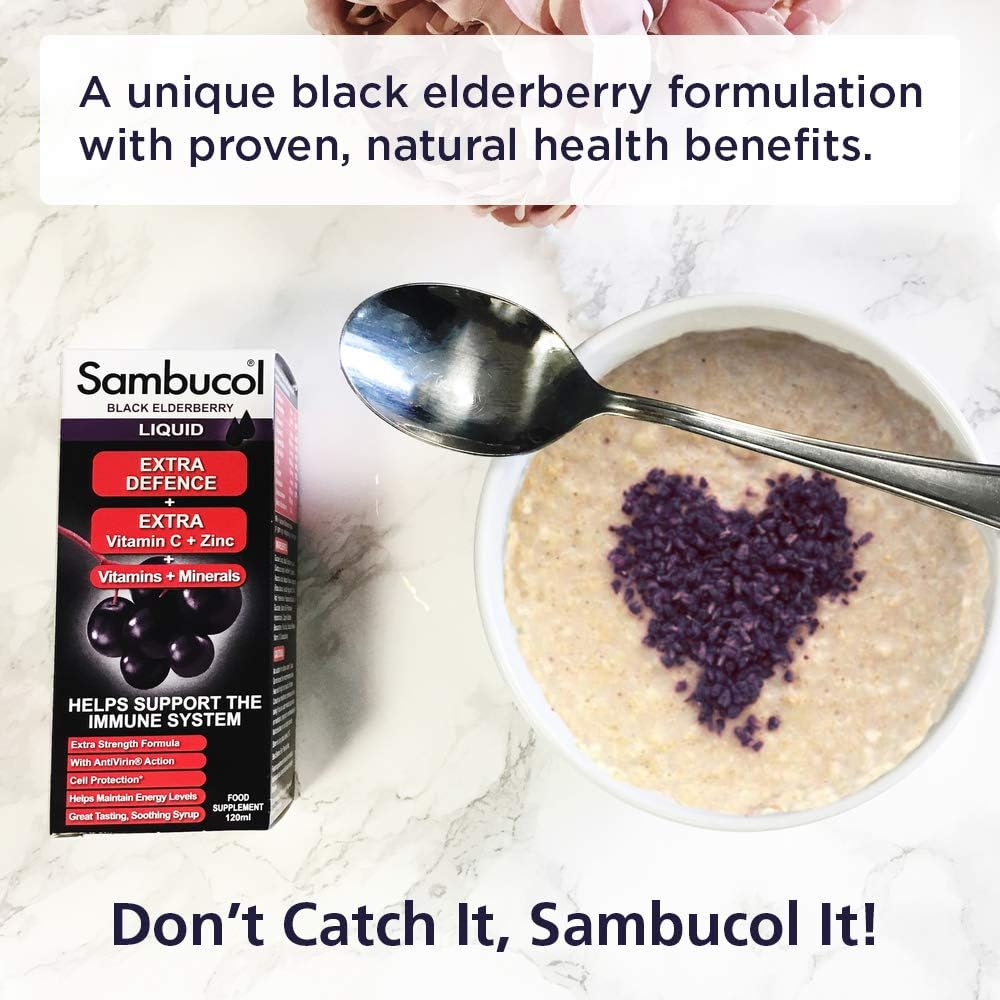 Sambucol Natural Black Elderberry Extra Defence, Vitamin C, B6 & D, Zinc, Folic Acid & Minerals, Immune Support Supplement, Multicoloured, 120 ml