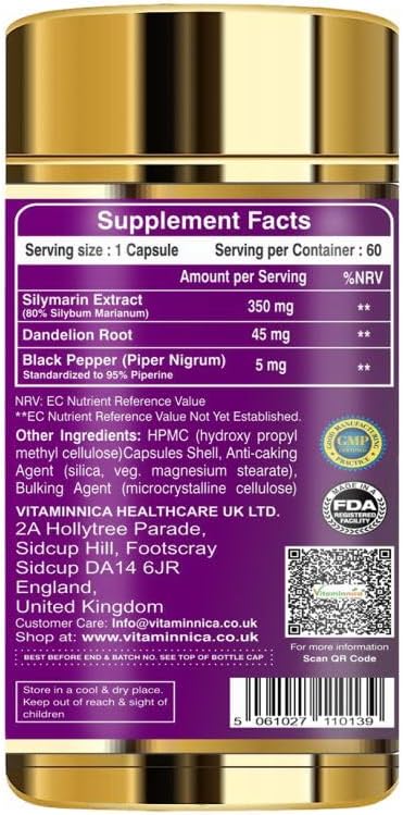 Vitaminnica Milk Thistle 7000mg (350mg 20:1 Extract) | 80% Silymarin with Dandelion Root and Black Pepper Extract| 60 Veg Capsules | Support Liver Health | Liver Cleanse & Detox | 2 Months Supply