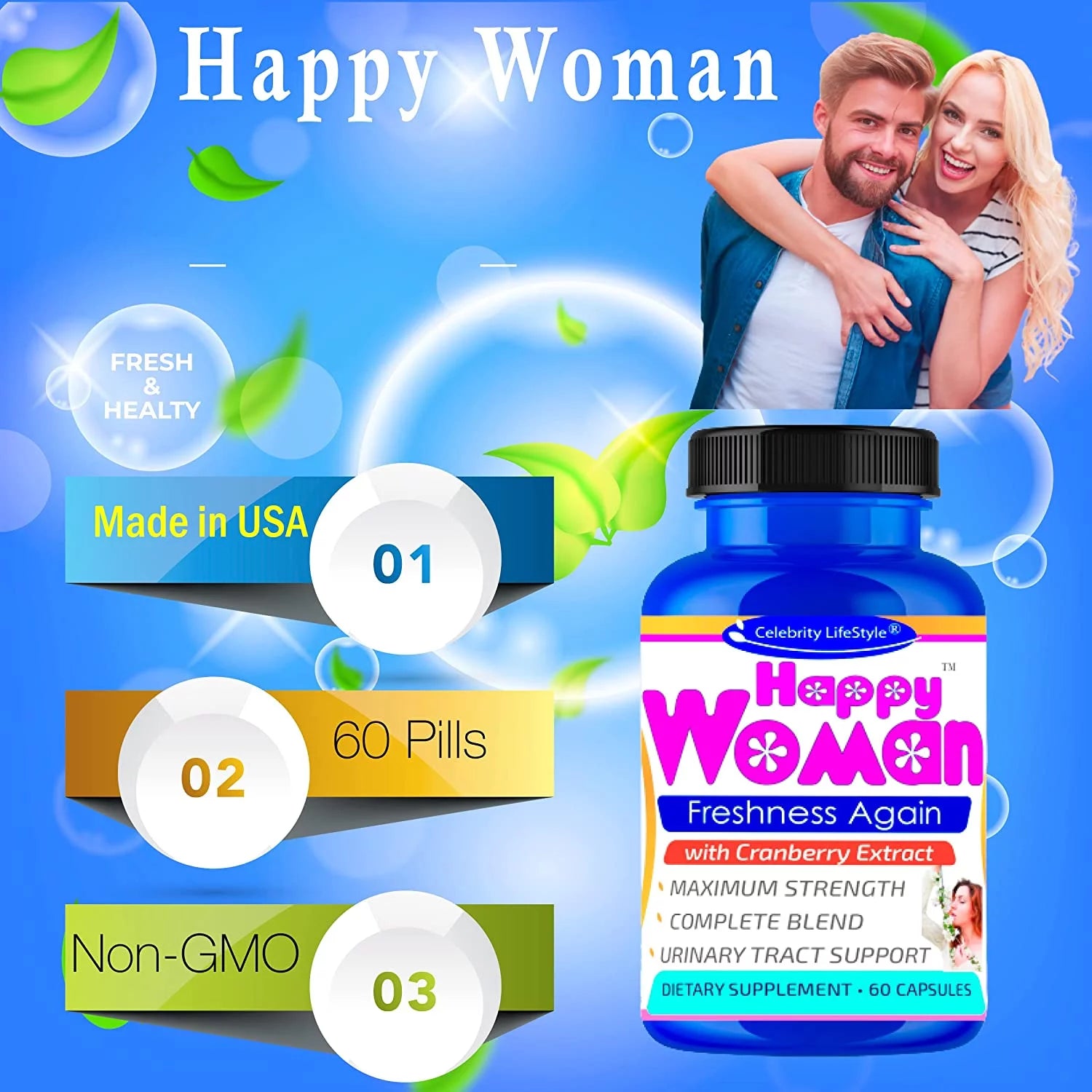 Happy Woman Probiotics for Women, Feminine Odor Support* Female Probiotics 60 Capsules