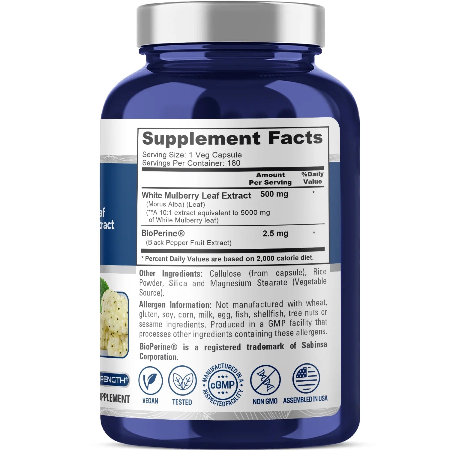 5,000Mg White Mulberry Leaf Extract 180 Veggie Caps with Bioperine, a Vegetarian Dietary Supplement Promoting Adult Wellness, Better Health, and a Unisex Approach