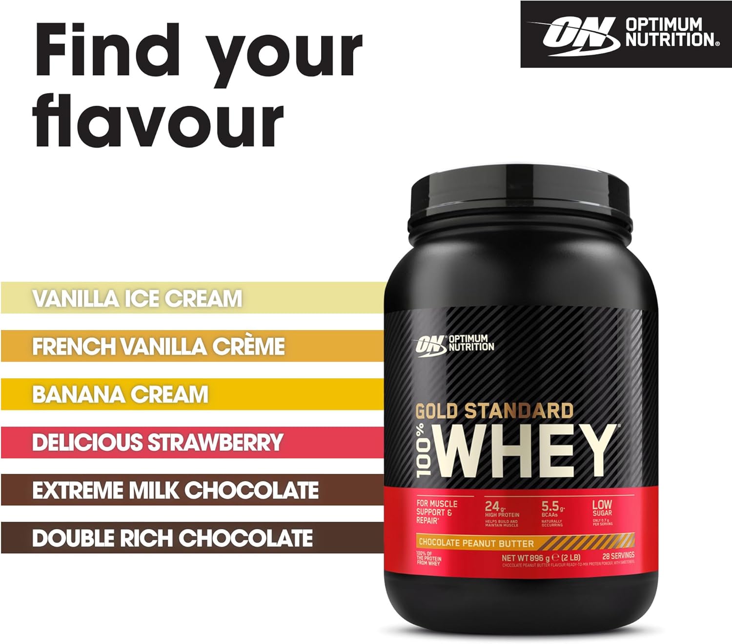 Optimum Nutrition Gold Standard 100% Whey Protein, Muscle Building Powder With Naturally Occurring Glutamine and BCAA Amino Acids, Chocolate Peanut Butter Flavour, 28 Servings, 896 g