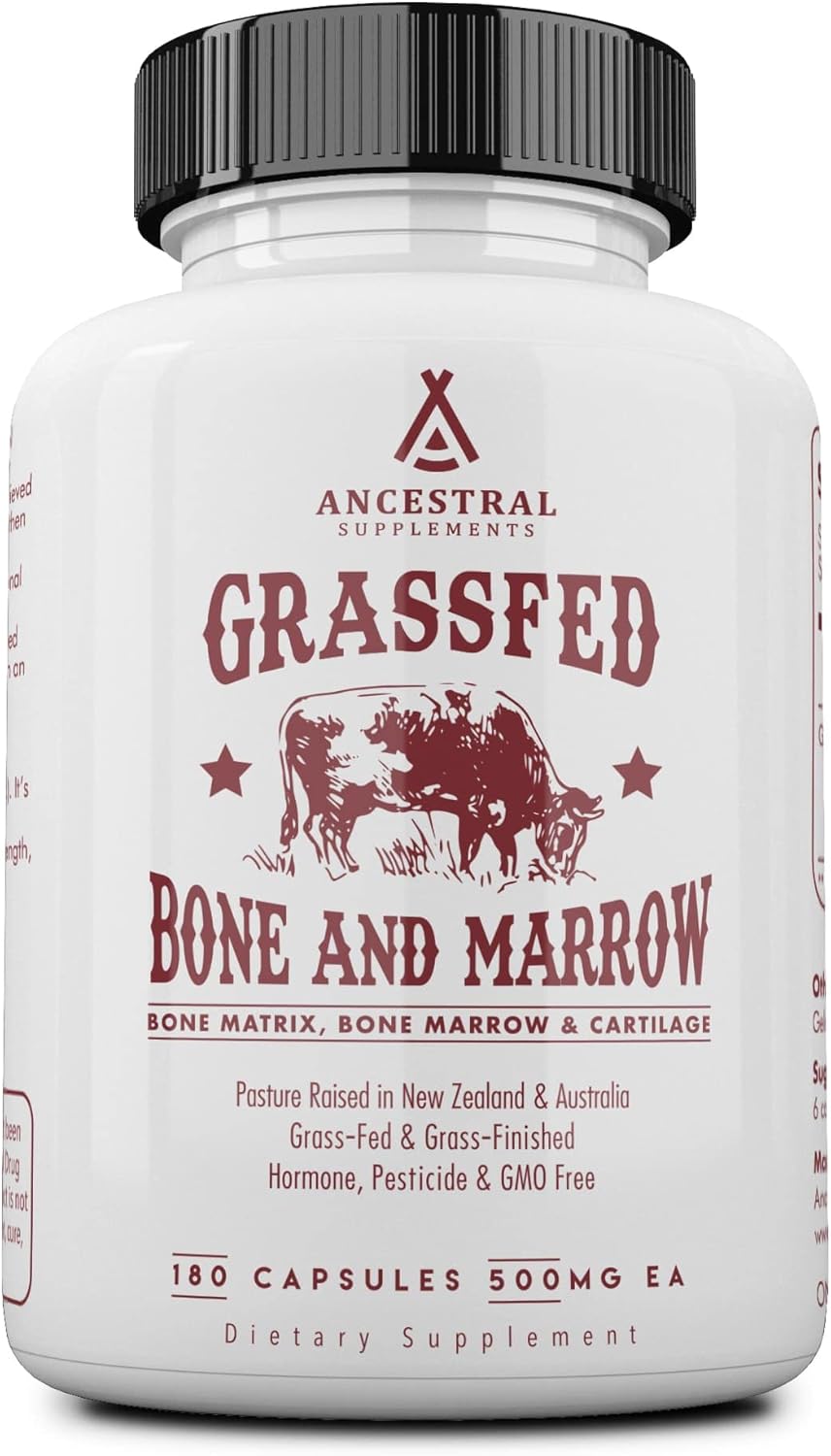 Ancestral Supplements Grass Fed Beef Bone and Marrow Supplement, Bone, Skin, Oral Health, and Joint Care Supplements Promote Whole-Body Wellness, Non-GMO Whole Bone Extract, 180 Capsules