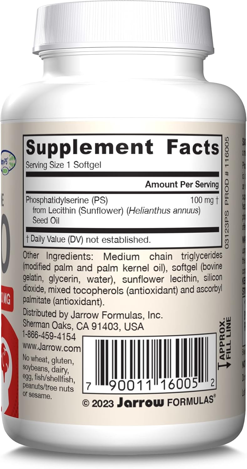 Jarrow Formulas PS100 Phosphatidylserine 100 mg, Dietary Supplement for Brain Health and Cognition Support, 30 Softgels, 10-30 Day Supply