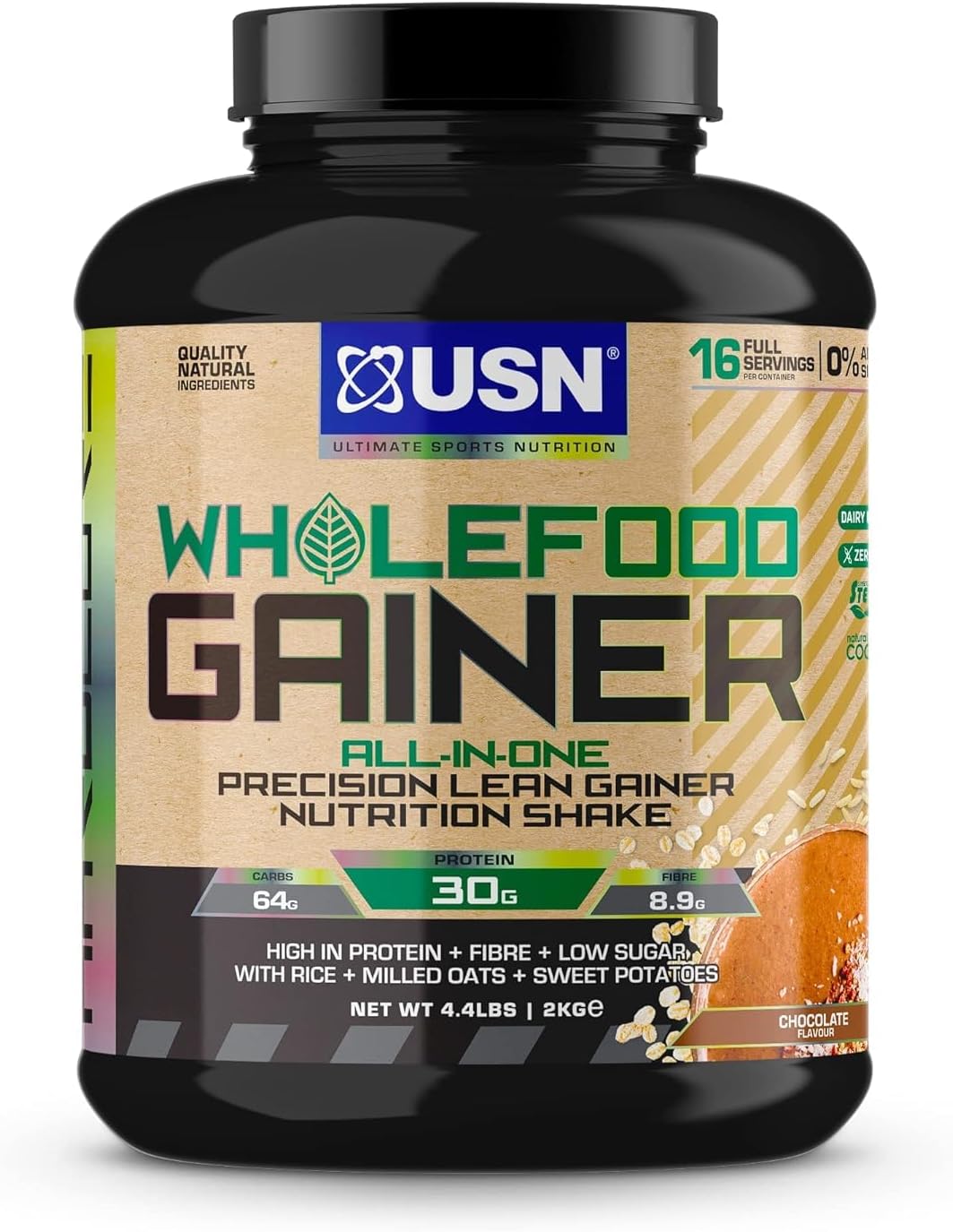 USN Wholefood Muscle Gain Protein Powder, Chocolate Flavour - 2kg, Natural Muscle Growth & Mass Gainer, All-in-One 30g Vegan Protein Powder, Meal Replacement & Dietary Supplement Protein Shake Mix