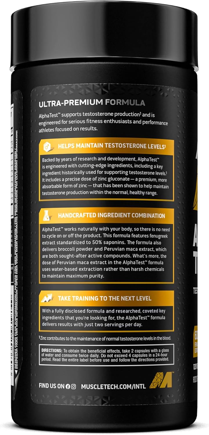 MuscleTech AlphaTest Testosterone Booster Supplement for Men, Workout Supplement, Muscle Strength Builder for Men, 200mg Maca Extract, Zinc & Boron, 120 Capsules, 30 Servings