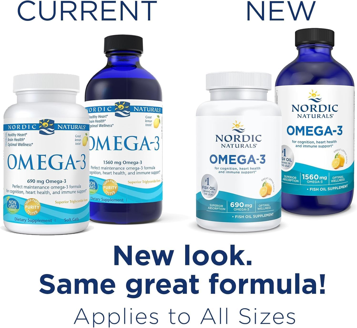 Natural Omega-3, Lemon Flavor - 1560 mg Omega-3 - Fish Oil - EPA & DHA - Immune Support, Brain & Heart Health, Optimal Wellness - Non-GMO - 48 Servings, 237ml