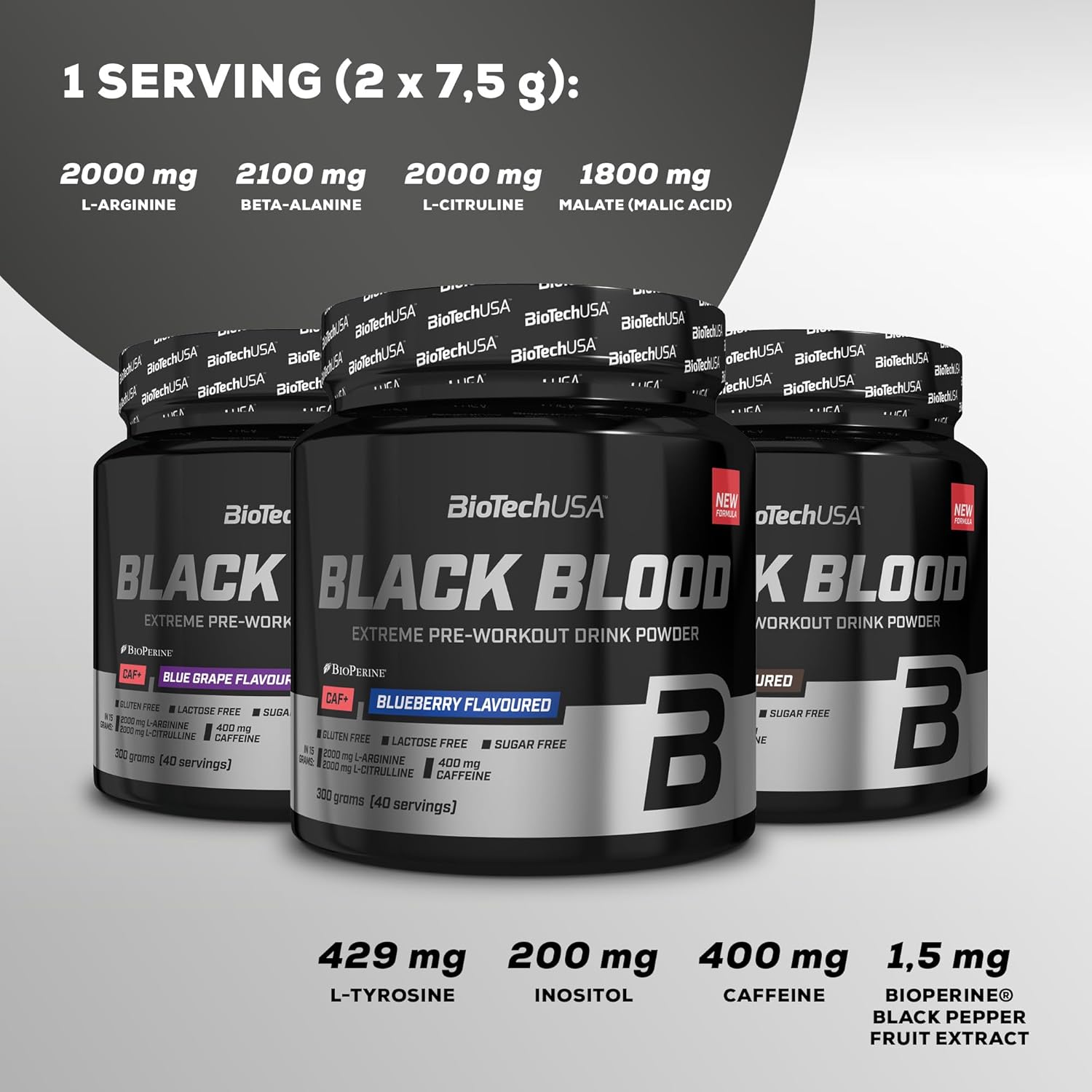 BioTechUSA Black Blood CAF+ | Preworkout Drink Powder | 12 Active Ingredients | 200mg Caffeine per Serving | Sugar, Lactose, and Gluten-Free, 300 g, Blue Grape