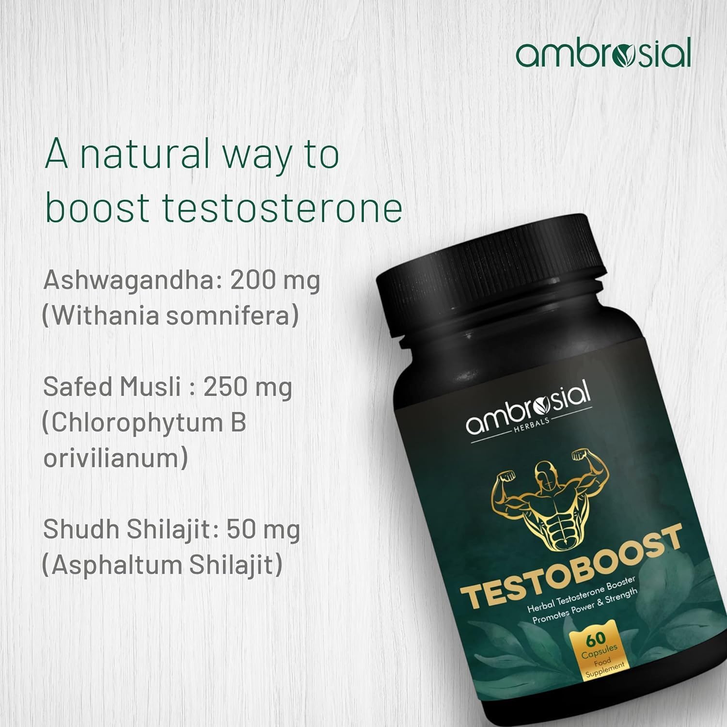 Ambrosial Testoboost Ultra Premium Herbal Testosterone Booster for Men | Blend of 3 Natural Herbs Testosterone Supplements for Men | Support Muscle Growth & Energy Boost (Pack of 1-60 Capsules)