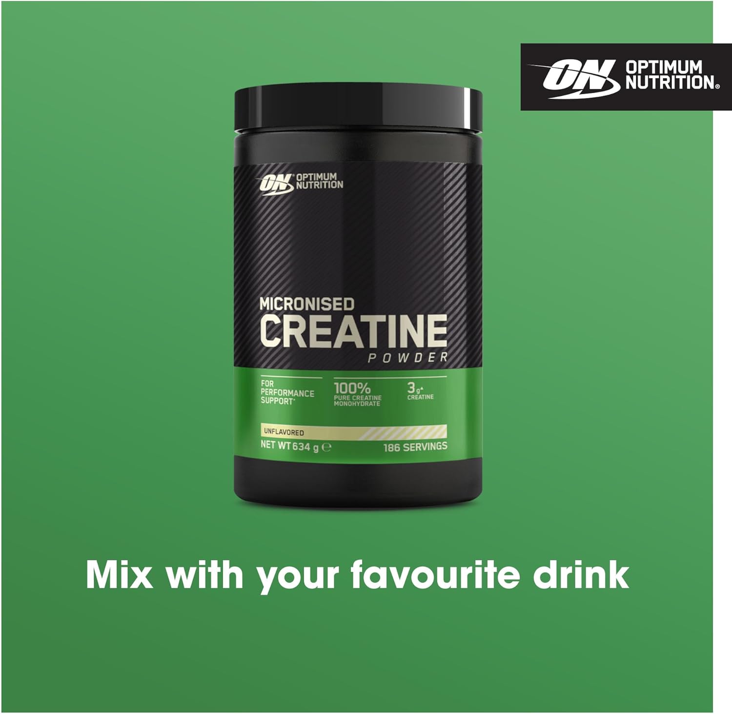 Optimum Nutrition Micronised Creatine Powder, 100% Pure Creatine Monohydrate Powder for Performance and Muscle Power, Unflavoured Shake, 186 Servings, 634 g