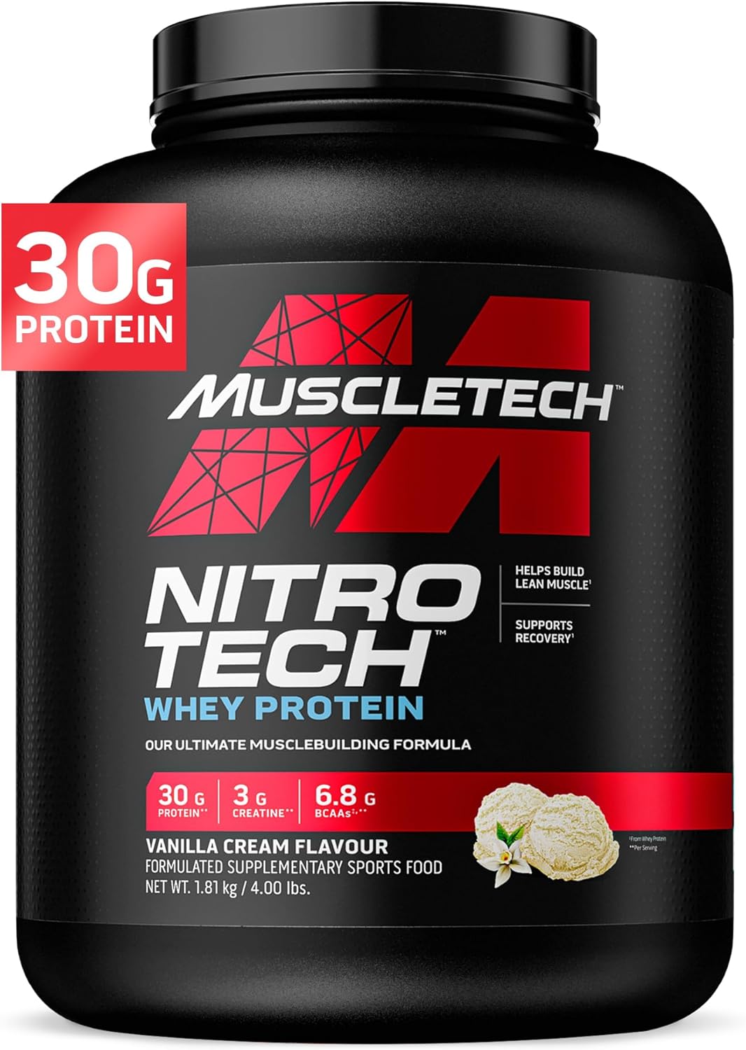 MuscleTech NitroTech Whey Protein Powder, Muscle Maintenance & Growth, Whey Isolate Protein Powder With 3g Creatine, Protein Shake For Men & Women, 6.8g BCAA, 40 Servings, 1.8g, Vanilla Cream