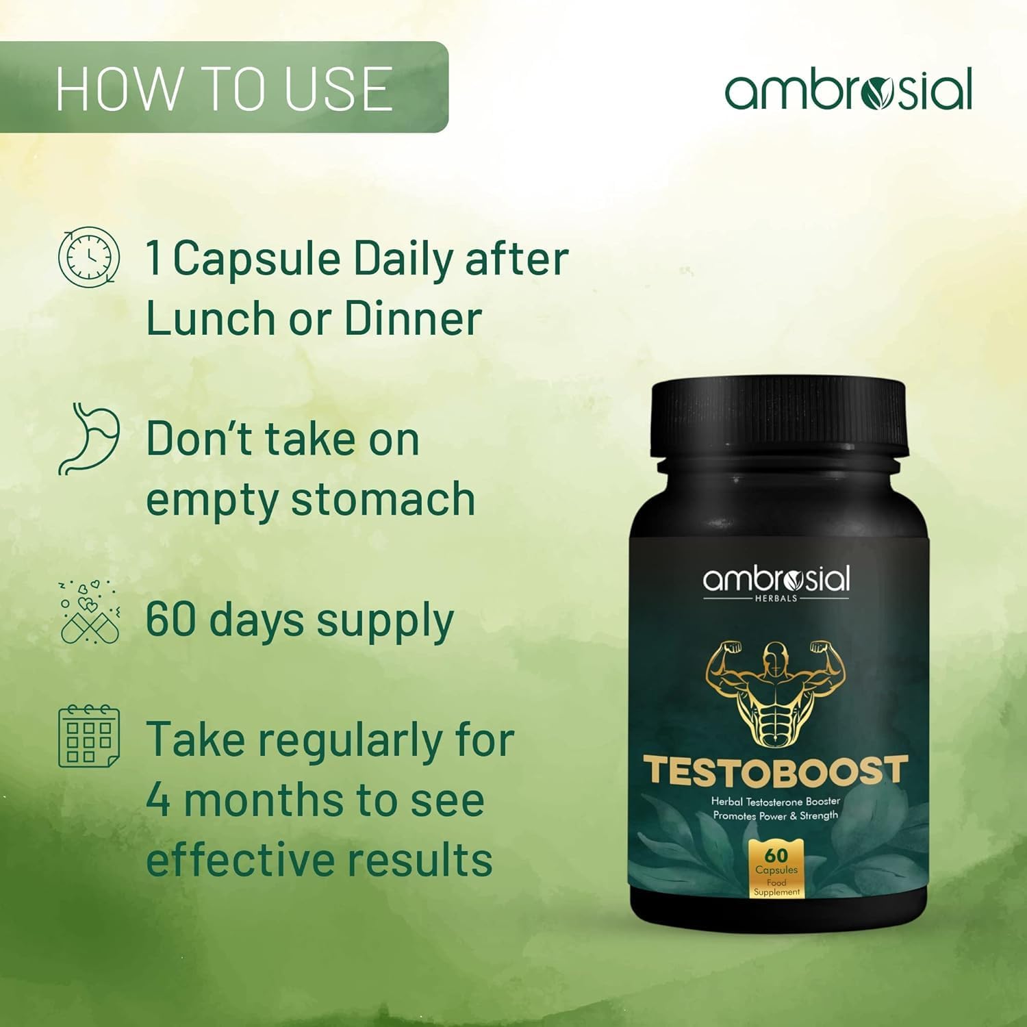 Ambrosial Testoboost Ultra Premium Herbal Testosterone Booster for Men | Blend of 3 Natural Herbs Testosterone Supplements for Men | Support Muscle Growth & Energy Boost (Pack of 1-60 Capsules)