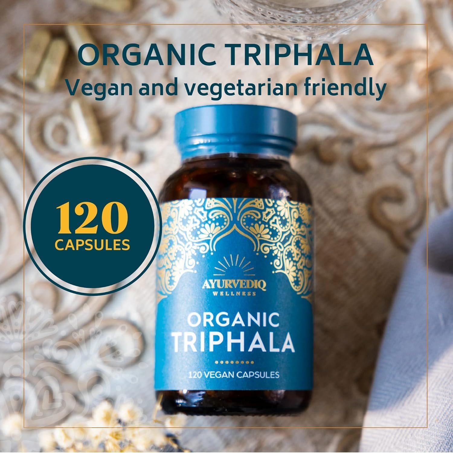 Ayurvediq Wellness Organic Triphala Capsules 120, 500mg – Natural Pure Triphala Powder Organic Capsules for Immunity, Digestion, Wellbeing – Soil Association Certified - Vegan Ayurveda Supplements